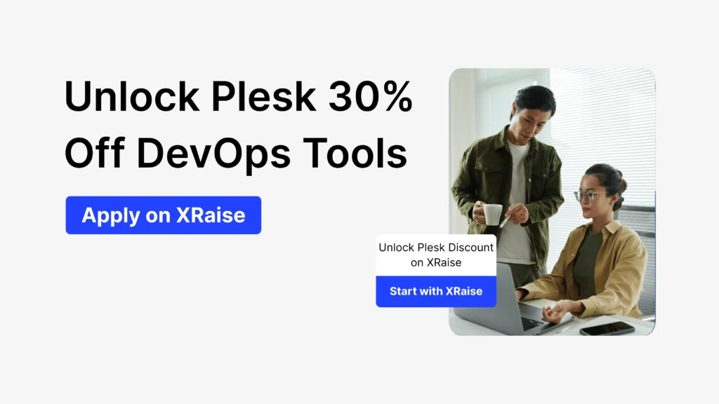 Apply for Plesk discount banner showing two startup teammates reviewing DevOps work on a laptop in an office.