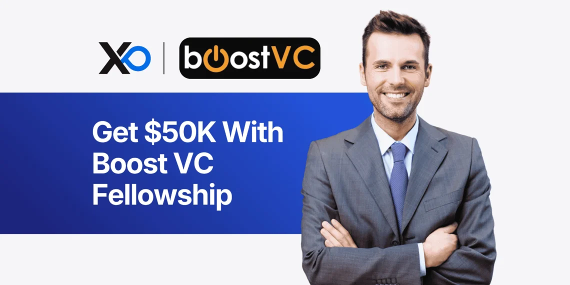 Apply to Boost VC Fellowship banner showing a smiling founder in a suit beside text about getting $50K through the program.