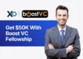 Apply to Boost VC Fellowship banner showing a smiling founder in a suit beside text about getting $50K through the program.