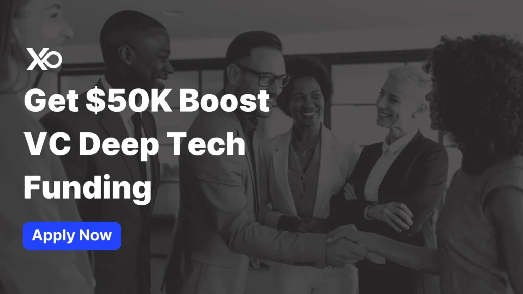Apply to Boost VC Fellowship banner showing founders networking around a handshake while highlighting $50K deep tech funding.