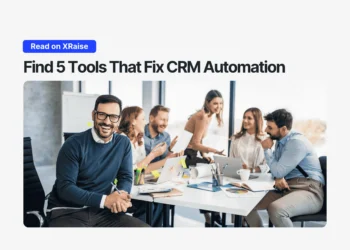 CRM automation tools banner showing a startup team in an office while highlighting five tools that fix CRM automation problems.