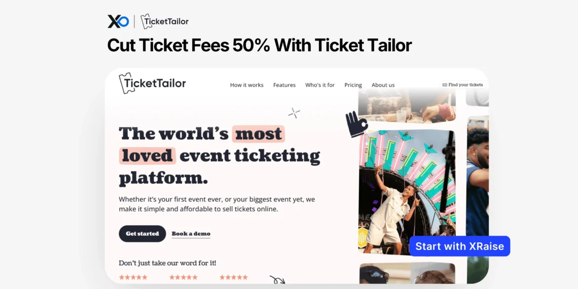 Ticket Tailor discount for startups banner showing 50% off ticket fees and event ticketing platform interface