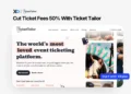 Ticket Tailor discount for startups banner showing 50% off ticket fees and event ticketing platform interface