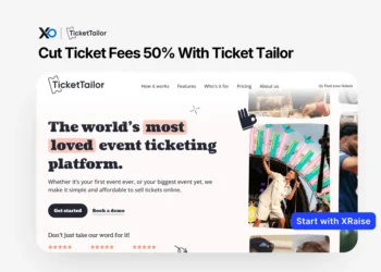 Ticket Tailor discount for startups banner showing 50% off ticket fees and event ticketing platform interface