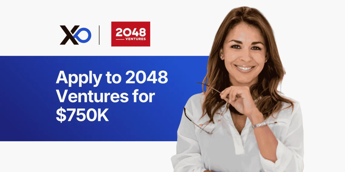 Apply to 2048 Ventures for $750K pre-seed funding banner with founder holding glasses