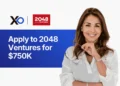Apply to 2048 Ventures for $750K pre-seed funding banner with founder holding glasses