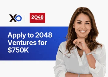 Apply to 2048 Ventures for $750K pre-seed funding banner with founder holding glasses