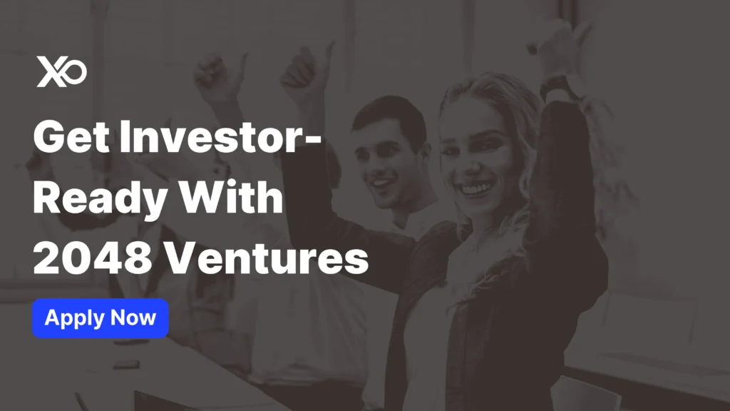 Apply to 2048 Ventures accelerator banner showing investor-ready founders celebrating success