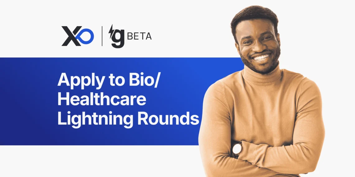 Apply to Bio Healthcare Lightning Rounds accelerator banner with founder portrait