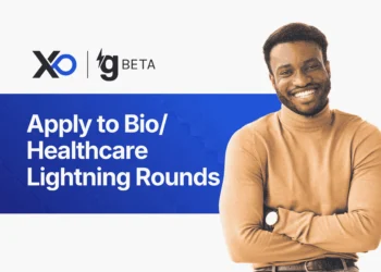 Apply to Bio Healthcare Lightning Rounds accelerator banner with founder portrait
