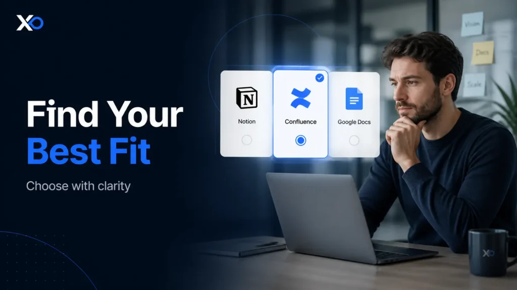 Notion vs Confluence vs Google Docs banner showing founder choosing the best documentation tool fit