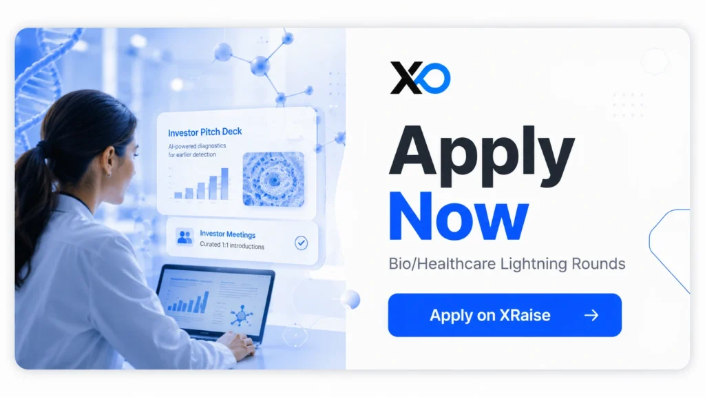 Apply to Bio Healthcare Lightning Rounds accelerator banner showing healthcare founder preparing investor pitch deck