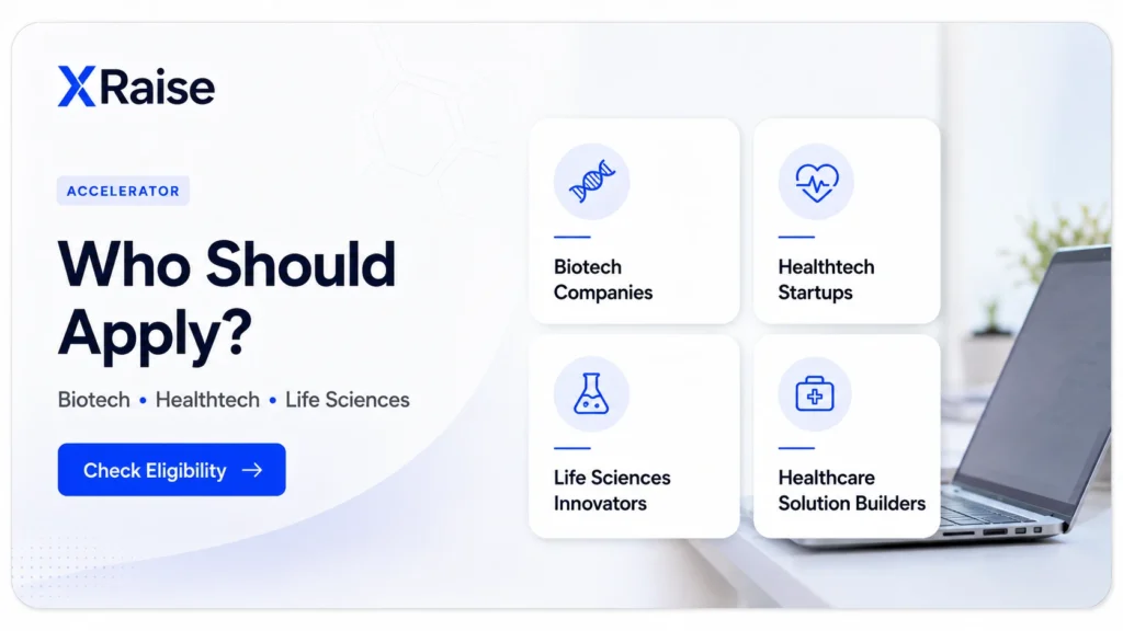 Bio Healthcare accelerator eligibility banner for biotech, healthtech, and life sciences startups