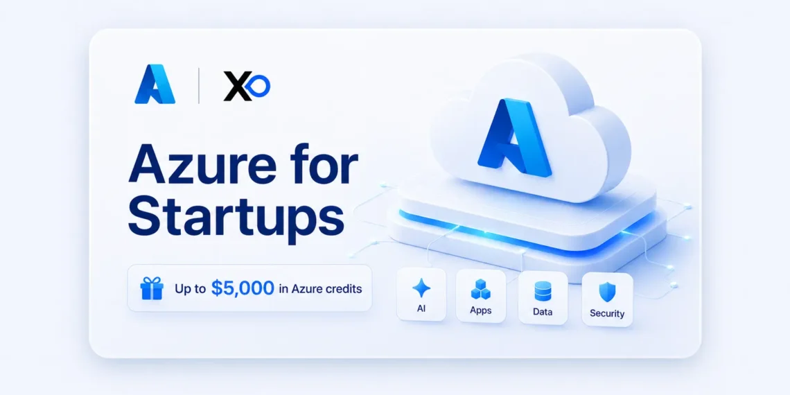 Azure for Startups hero banner with XRaise logo, Azure cloud graphic, credit amount, and service icons