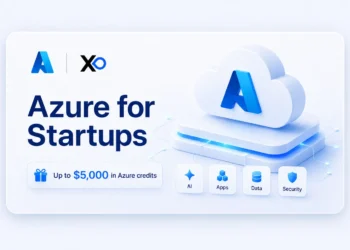 Azure for Startups hero banner with XRaise logo, Azure cloud graphic, credit amount, and service icons