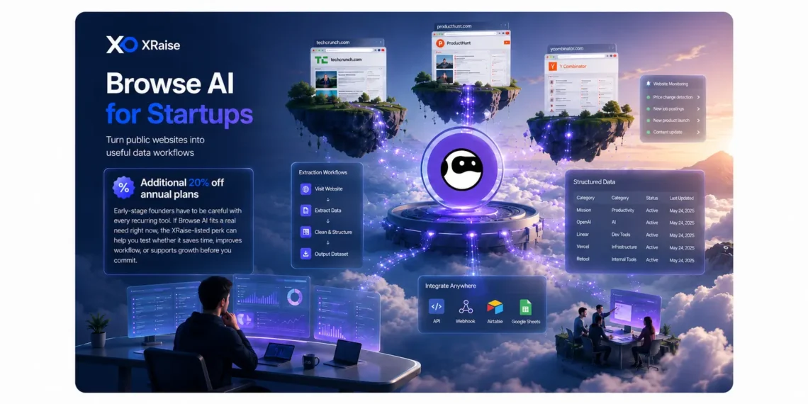 Cinematic XRaise banner with floating website cards, extraction workflow panel, structured data table, and founder dashboard