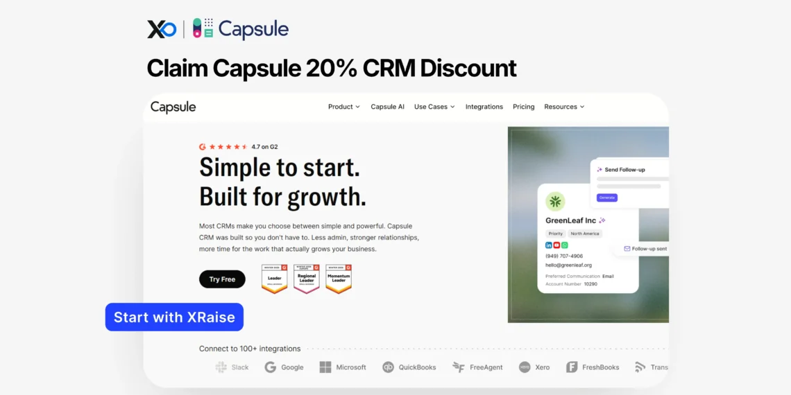 Capsule CRM discount banner with XRaise branding, website mockup, and blue Start with XRaise button