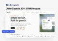Capsule CRM discount banner with XRaise branding, website mockup, and blue Start with XRaise button