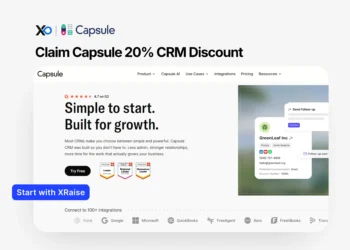 Capsule CRM discount banner with XRaise branding, website mockup, and blue Start with XRaise button