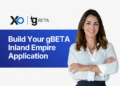 XRaise and gBETA banner with blue application headline and founder portrait on the right