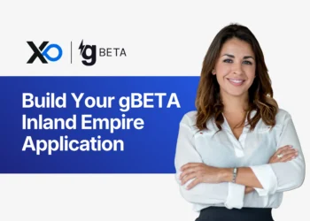 XRaise and gBETA banner with blue application headline and founder portrait on the right