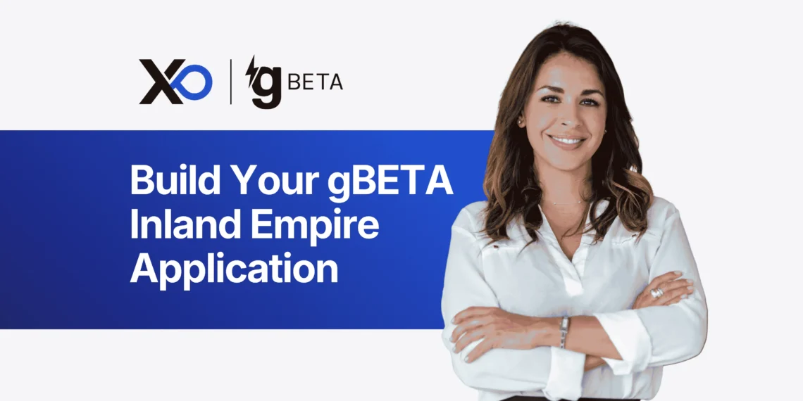 XRaise and gBETA banner with blue application headline and founder portrait on the right