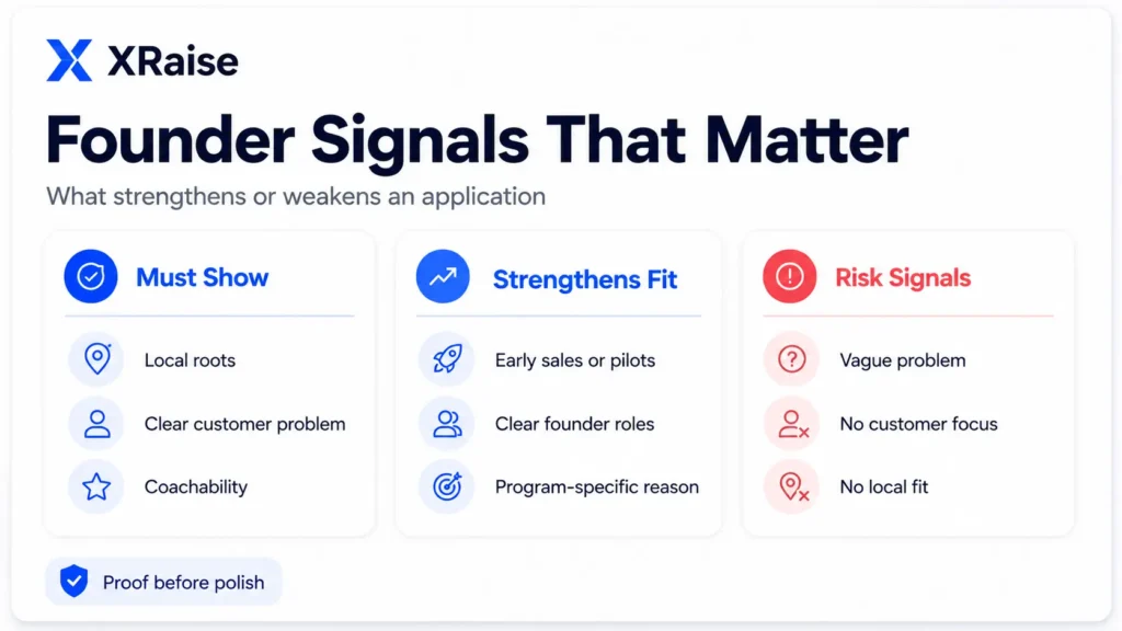 Founder readiness checklist banner showing must-show traits, fit strengths, risk signals, and proof-before-polish note