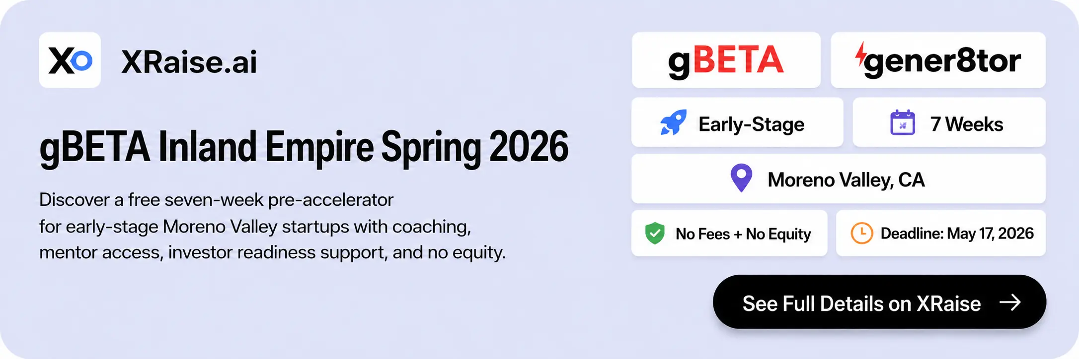 gBETA Inland Empire Spring 2026 accelerator details on XRaise