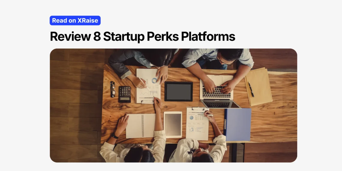 Editorial review banner with Read on XRaise label, platform headline, and overhead founder workspace photo
