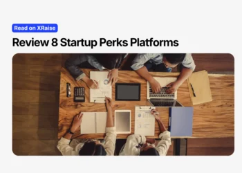 Editorial review banner with Read on XRaise label, platform headline, and overhead founder workspace photo