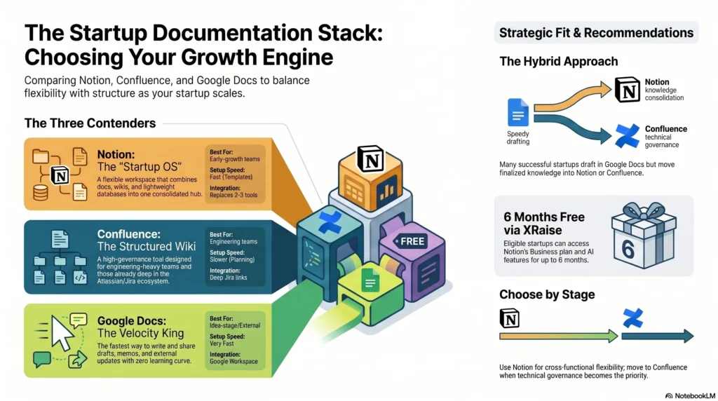 Notion vs Confluence vs Google Docs infographic comparing startup documentation tools for scaling teams