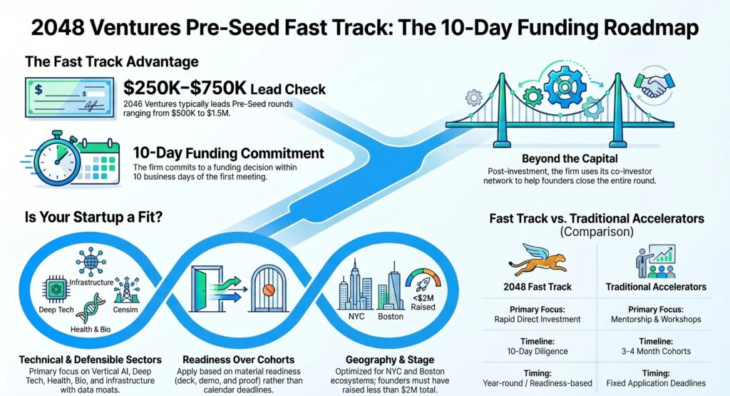 Apply to 2048 Ventures Pre-Seed Fast Track showing $250K–$750K funding 10-day decision and startup eligibility