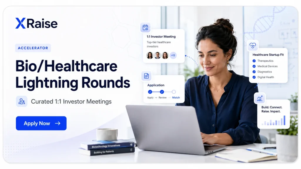 Apply to Bio Healthcare Lightning Rounds banner with healthcare founder and curated investor meeting visuals