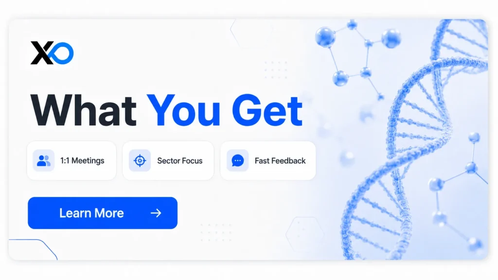 Bio Healthcare Lightning Rounds accelerator benefits banner with biotech DNA visuals and founder support features