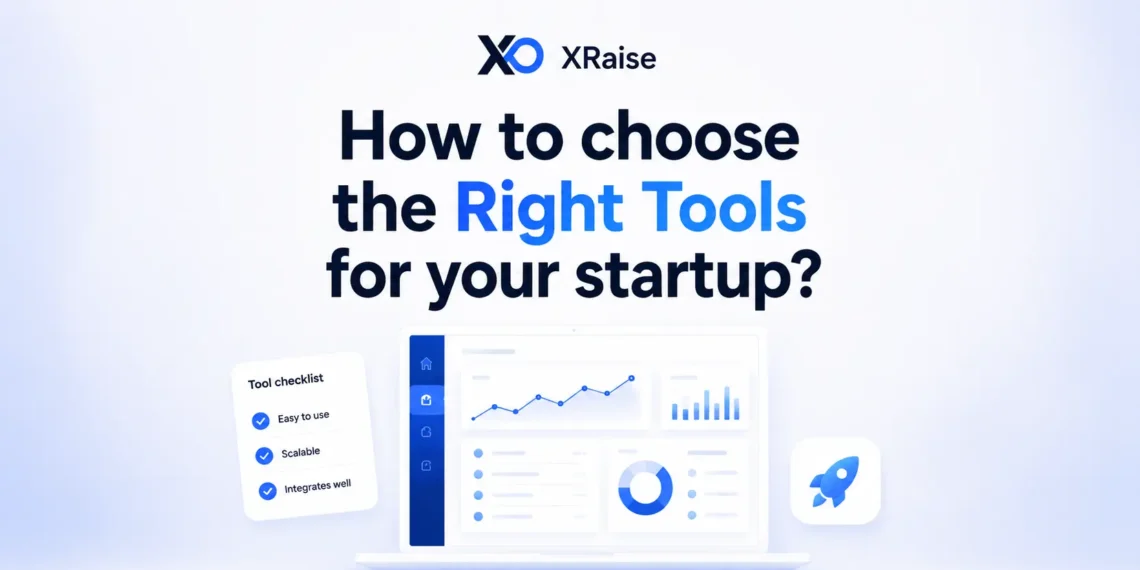 XRaise hero banner with tool checklist card, dashboard laptop, rocket icon, and startup decision headline