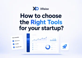 XRaise hero banner with tool checklist card, dashboard laptop, rocket icon, and startup decision headline