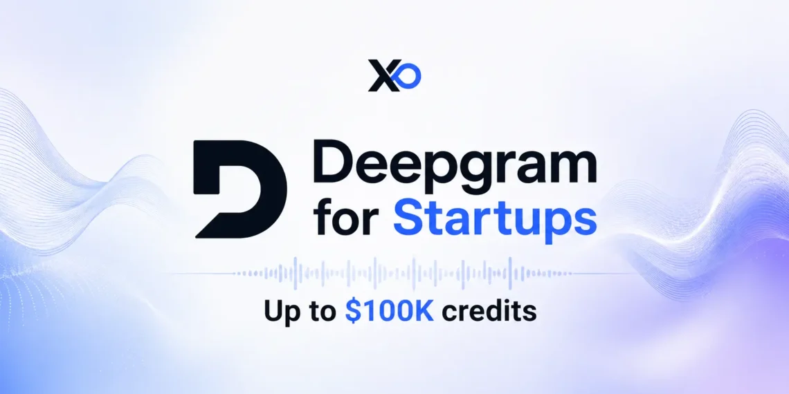 Deepgram hero banner with large logo, audio waveform background, XRaise mark, and up to $100K credits message