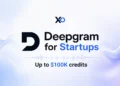 Deepgram hero banner with large logo, audio waveform background, XRaise mark, and up to $100K credits message