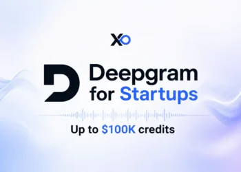 Deepgram hero banner with large logo, audio waveform background, XRaise mark, and up to $100K credits message