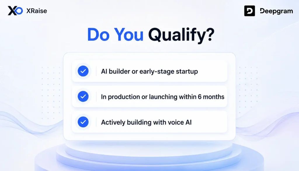 XRaise and Deepgram eligibility checklist with three qualification rows for AI builders and voice AI startups