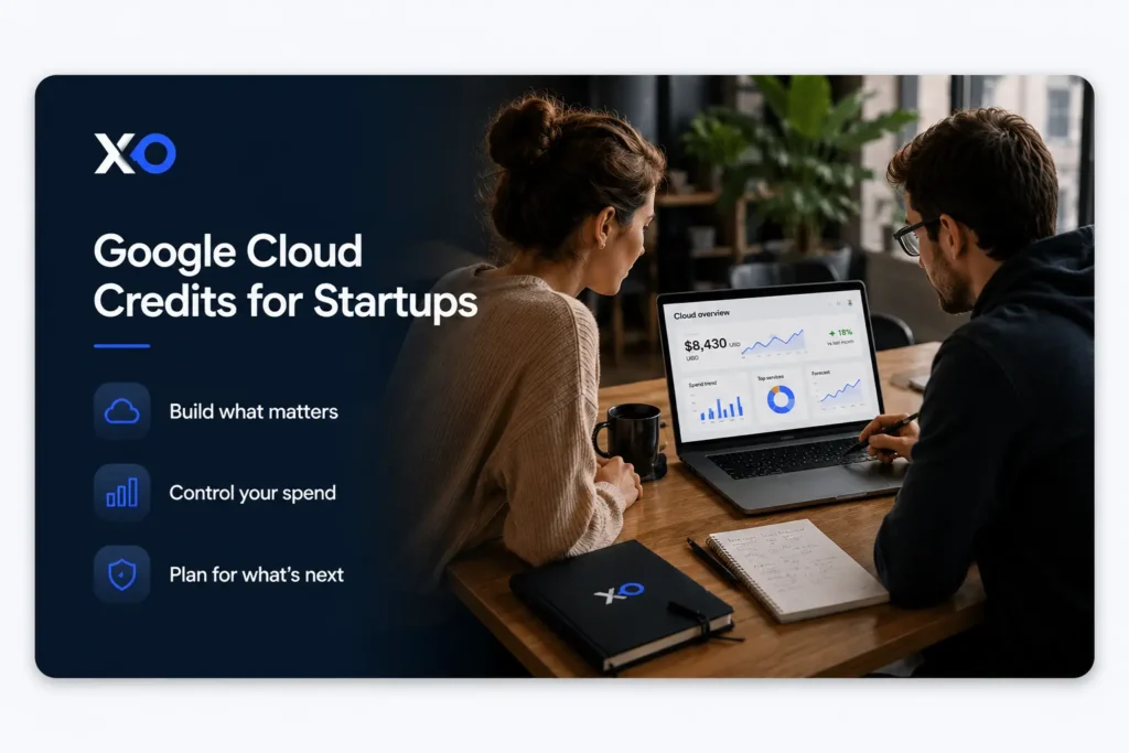 Dark XRaise banner with founders reviewing a cloud spend dashboard, planning icons, and laptop workspace