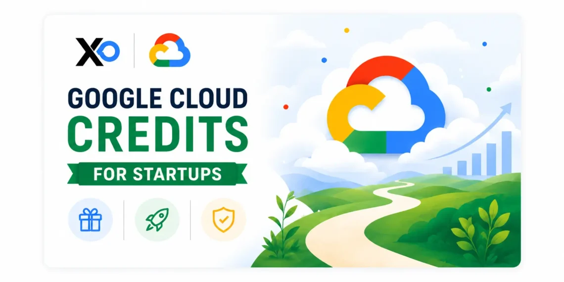 XRaise and Google Cloud banner with cloud logo, growth path illustration, chart arrow, and startup credit icons