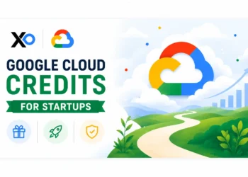 XRaise and Google Cloud banner with cloud logo, growth path illustration, chart arrow, and startup credit icons