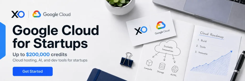 Workspace banner with XRaise and Google Cloud logos, credit amount, roadmap notes, laptop, and Get Started CTA