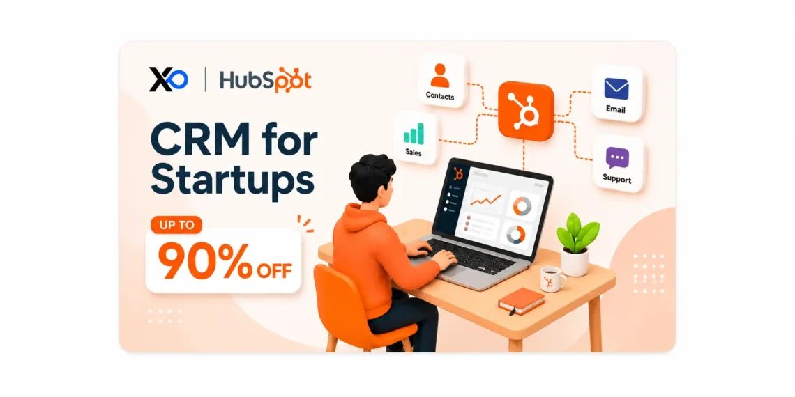 Centered HubSpot CRM banner with founder at laptop, 90% off card, and connected sales icons