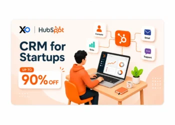 Centered HubSpot CRM banner with founder at laptop, 90% off card, and connected sales icons