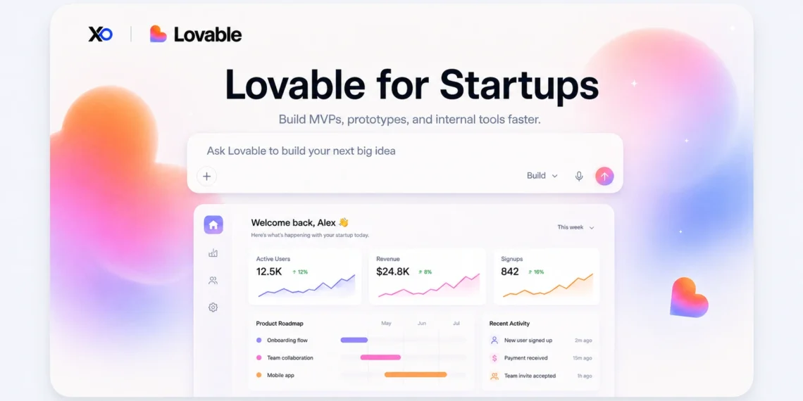 XRaise and Lovable hero banner with prompt bar, product dashboard, roadmap cards, and pastel gradient background
