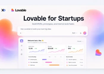 XRaise and Lovable hero banner with prompt bar, product dashboard, roadmap cards, and pastel gradient background