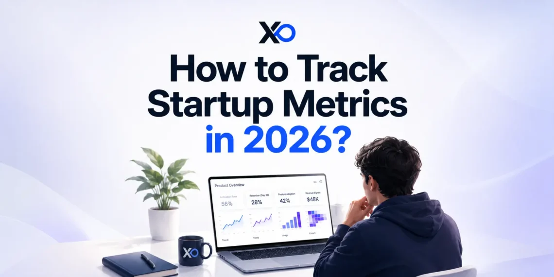 XRaise infographic showing a founder reviewing a laptop dashboard with activation rate, user retention, feature adoption, and revenue signals for startup product analytics