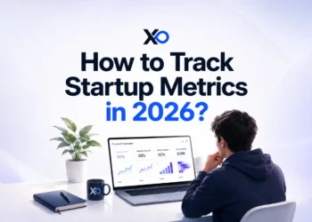 XRaise infographic showing a founder reviewing a laptop dashboard with activation rate, user retention, feature adoption, and revenue signals for startup product analytics